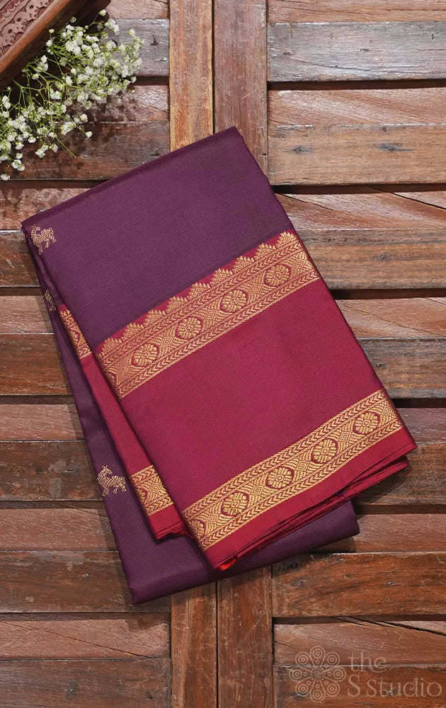 Deep purple kanchi silk saree with maroon rettaipet border