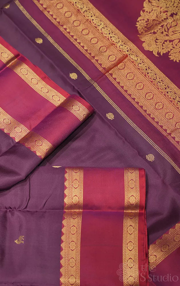 Deep purple kanchi silk saree with maroon rettaipet border