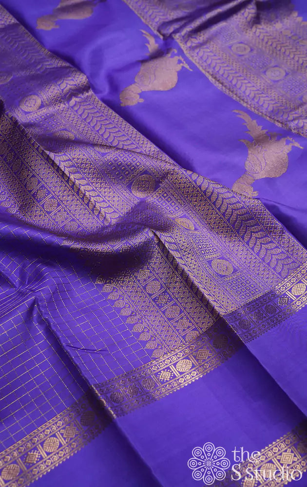 Dark lavendar kanchi silk saree with checks and  parrot pallu