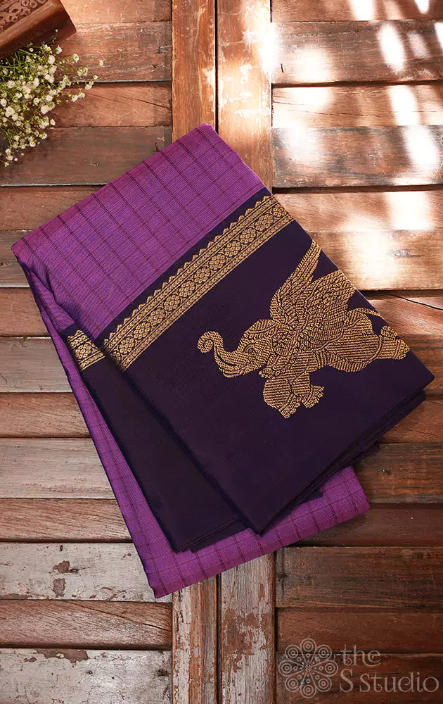 Light violet kanchi silk saree with elephant motifs border