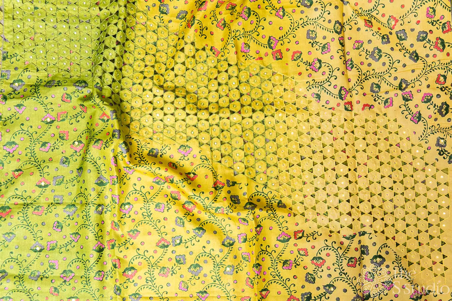 Yellow and green tussar saree with floral prints and cutwork