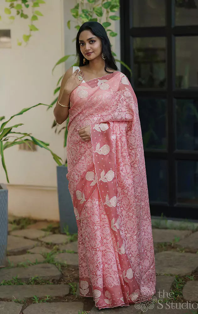 Peach Organza Saree with Embroidery