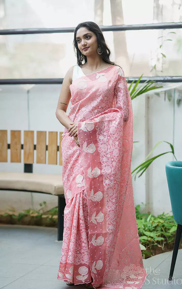 Peach Organza Saree with Embroidery