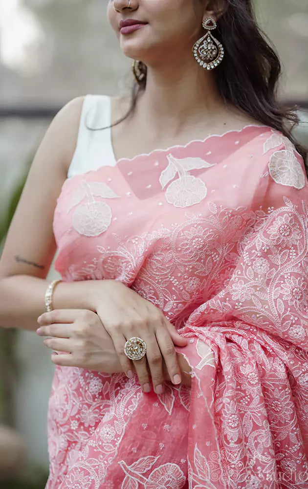 Peach Organza Saree with Embroidery