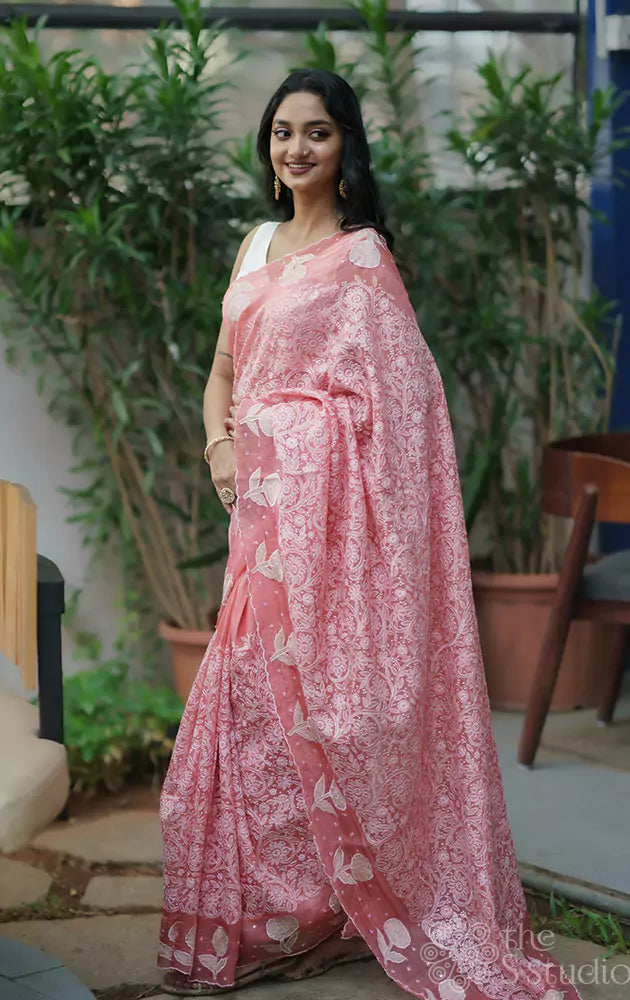 Peach Organza Saree with Embroidery