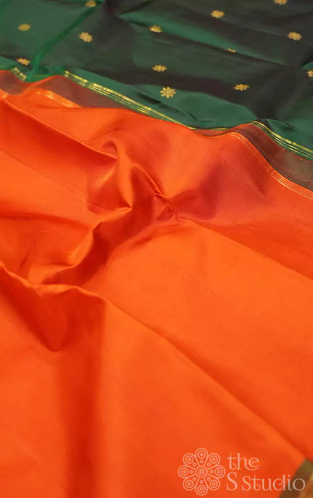 Burnt Orange simple kanchi silk saree with green pallu