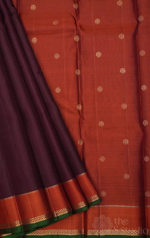 Brown kancheepuram silk saree with rust border