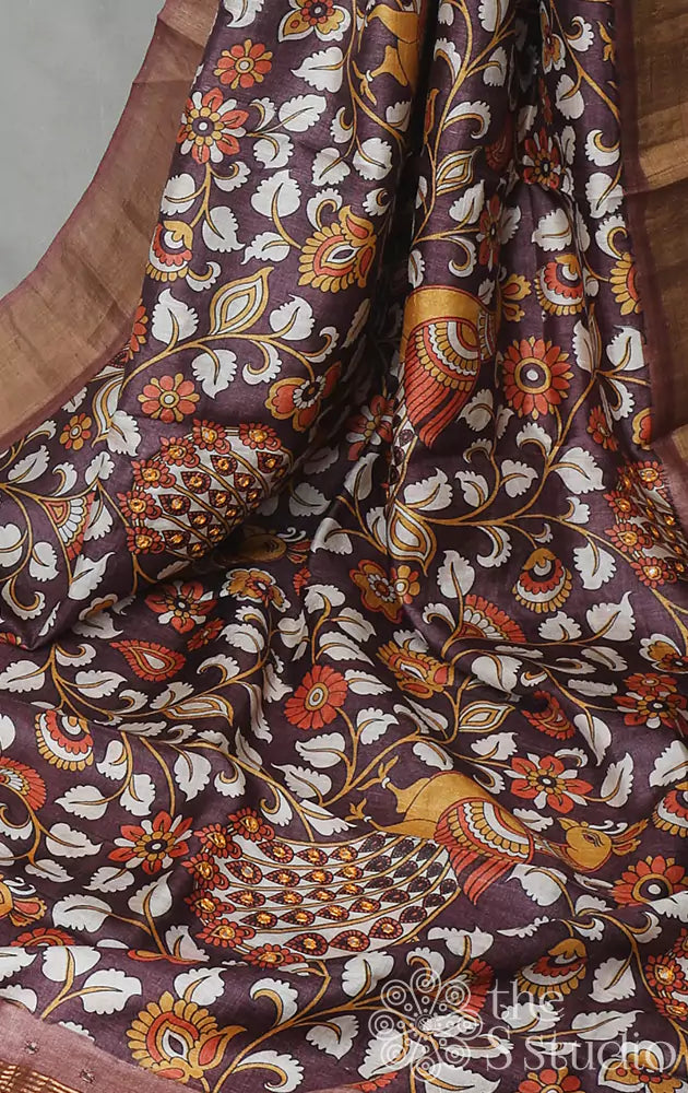 Brown tussar silk saree with cutwork pallu