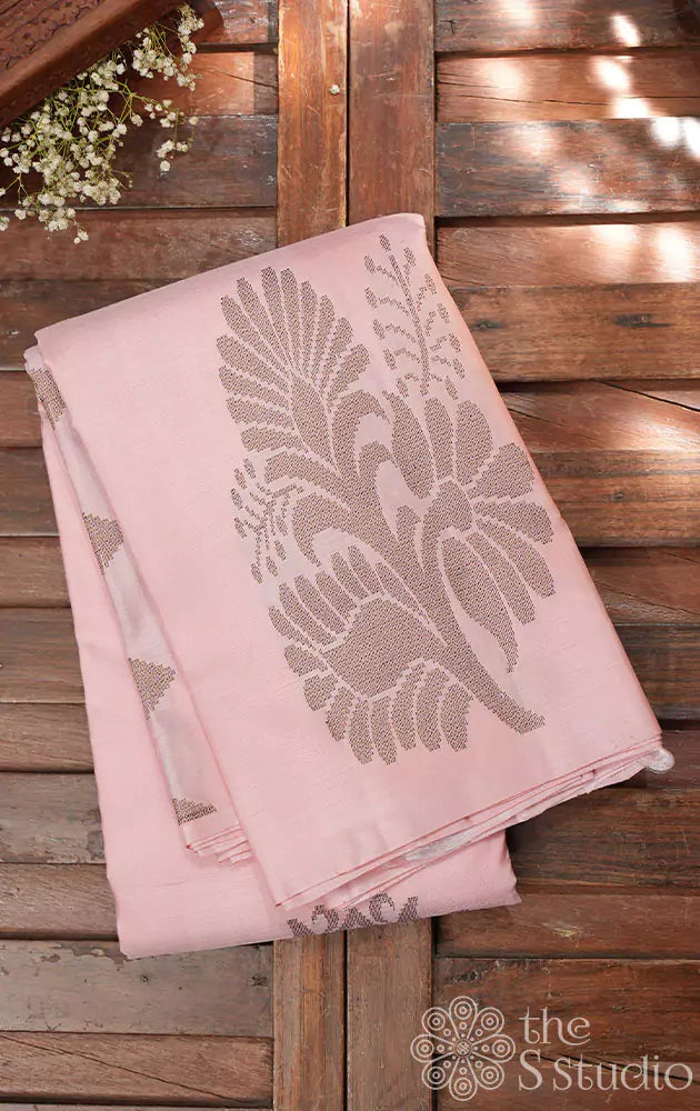 Pastel pink kanchi silk saree with thread weaving