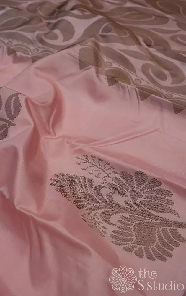 Pastel pink kanchi silk saree with thread weaving