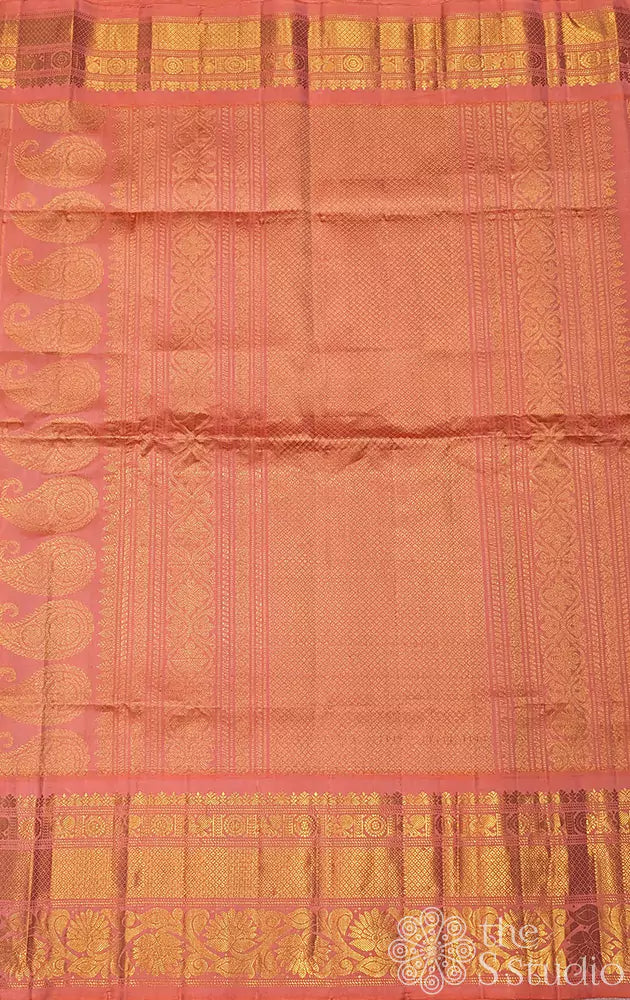 Beige Gadwal silk saree with peach checks and a matching peach border