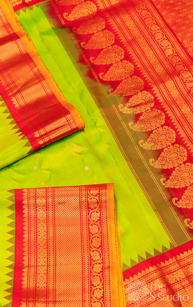 Parrot green gadwal silk saree with red kuttu border