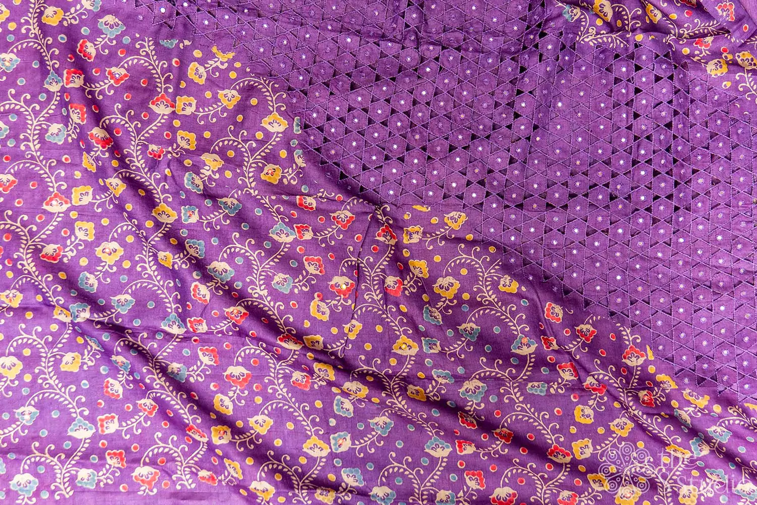 Elegant violet tussar silk saree with cutwork pallu