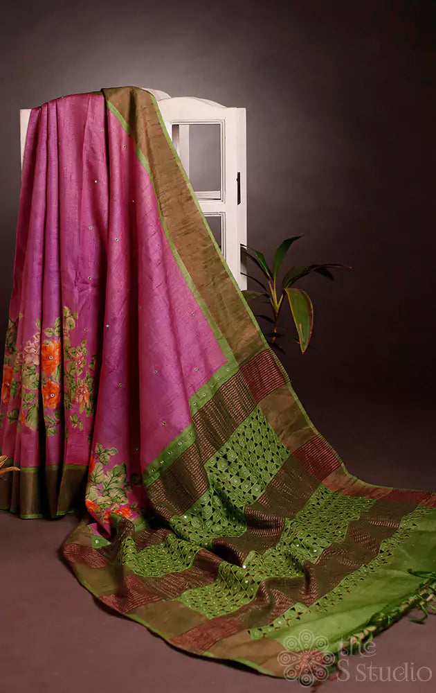 Pastel pink tussar saree with cutwork pallu