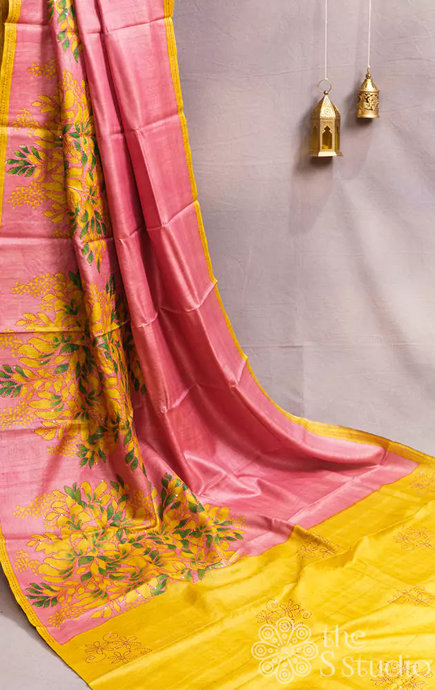 Pink tussar silk saree with block prints and hand embroidery