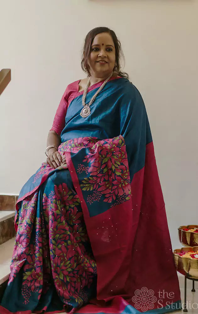 Blue tussar silk saree with magenta floral prints & kantha embroidery