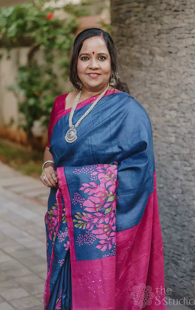 Blue tussar silk saree with magenta floral prints & kantha embroidery