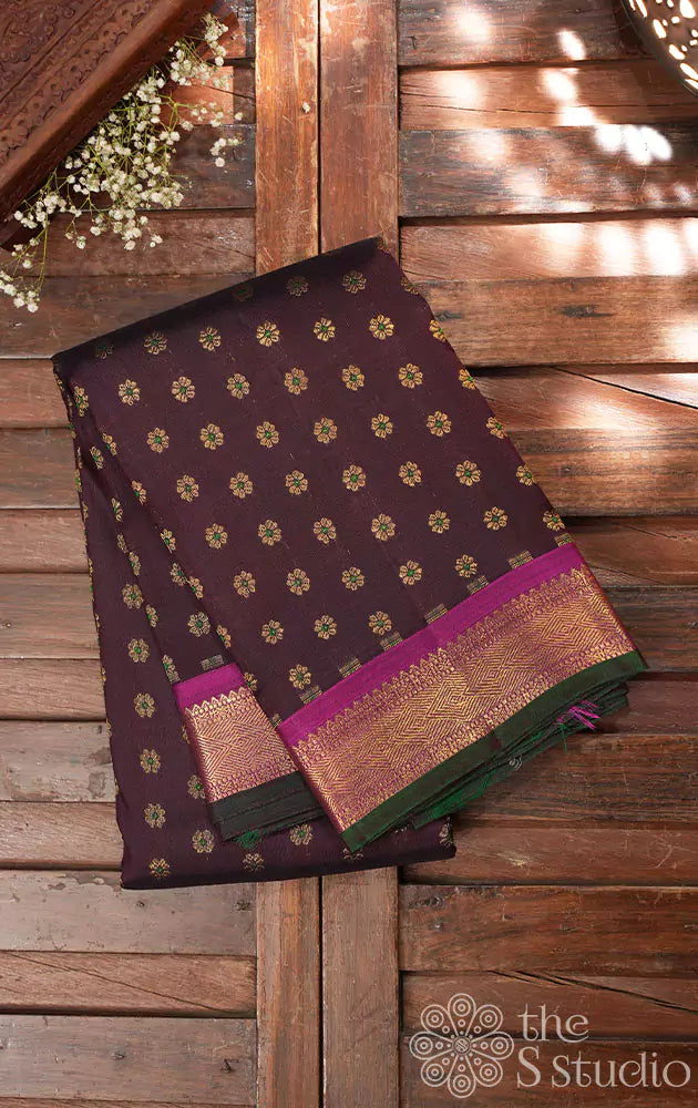 Coffee brown kanjivaram saree with magenta border and pallu