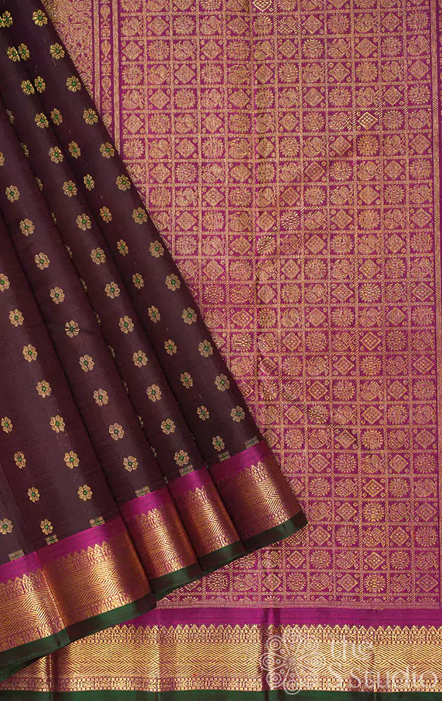 Coffee brown kanjivaram saree with magenta border and pallu