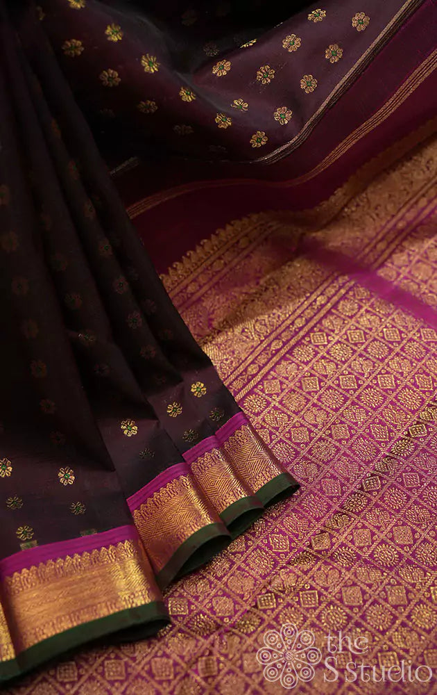 Coffee brown kanjivaram saree with magenta border and pallu