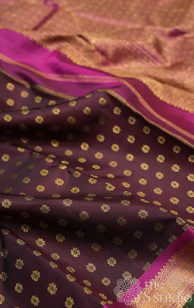 Coffee brown kanjivaram saree with magenta border and pallu