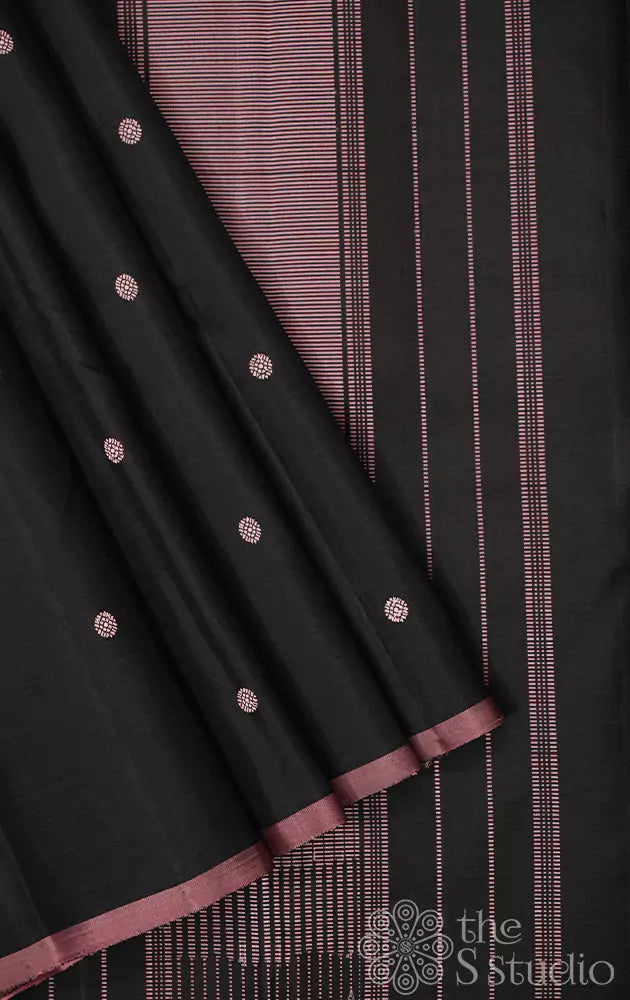 Black thread woven kanchi silk saree with pink blouse