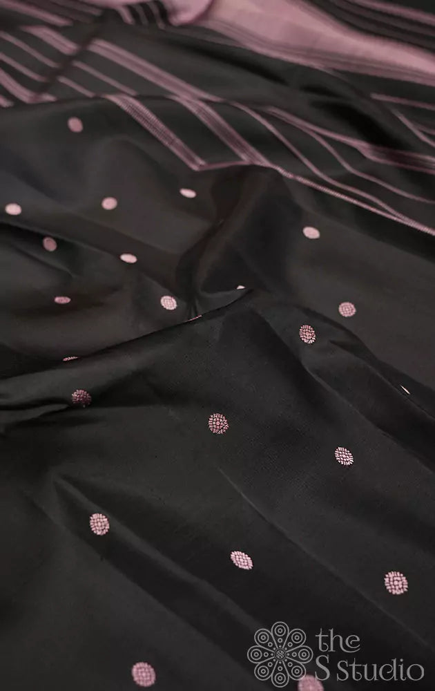 Black thread woven kanchi silk saree with pink blouse