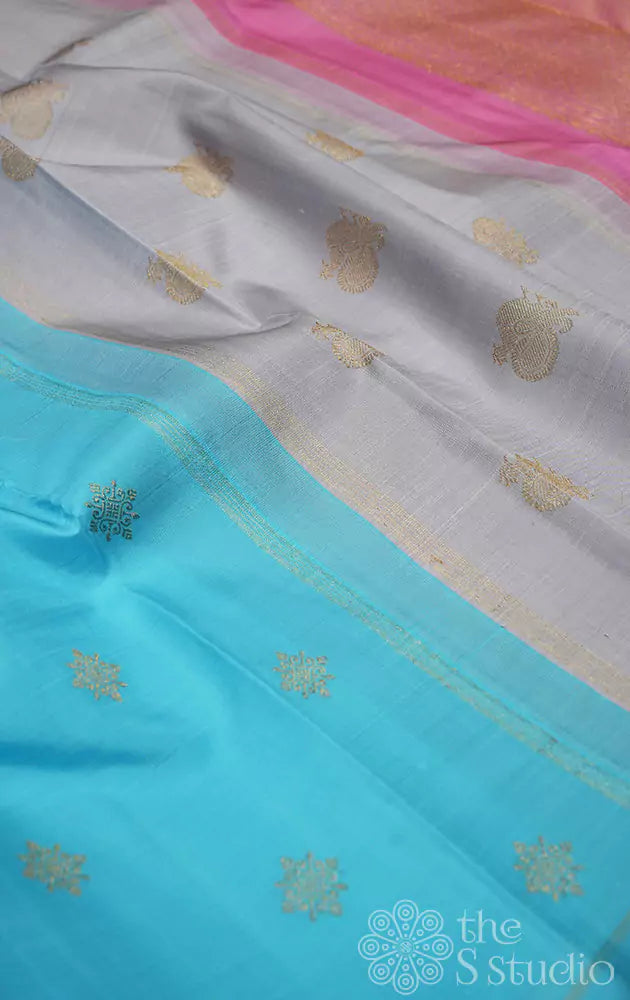 Sky blue kanjivaram silk saree with double pallu