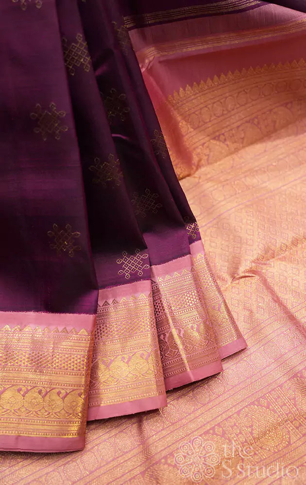 Deep purple colour kanchi silk saree with a korvai pink border