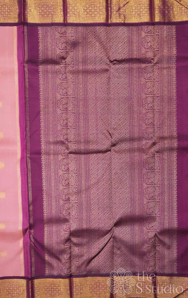 Onion pink kanchi silk saree with korvai purple border