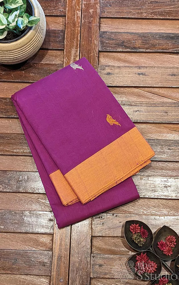 Purple Kanchi Cotton Saree Embellished with Parrot Motifs