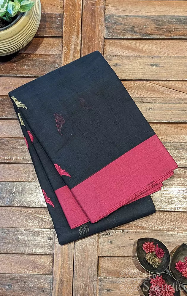 Black kanchi cotton saree with elegant pink border