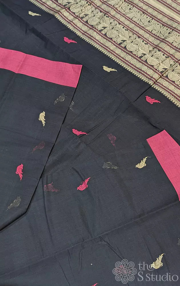 Black kanchi cotton saree with elegant pink border