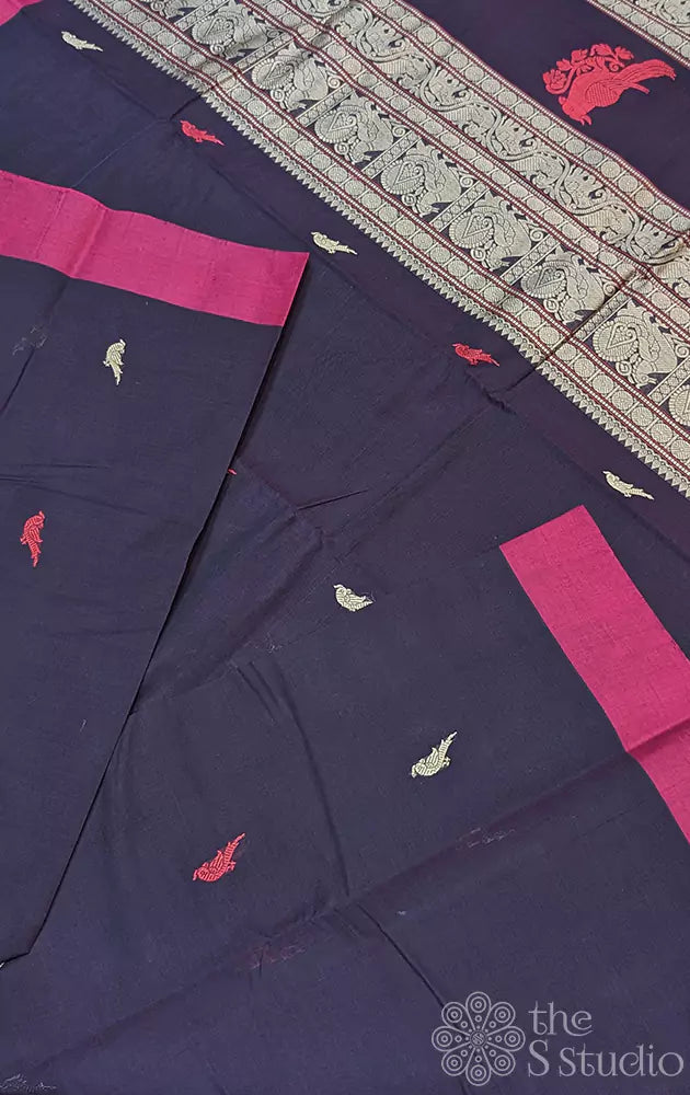 Dark brown kanchi cotton saree adorned with parrot motifs