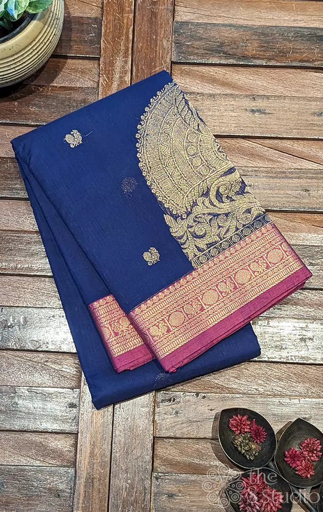 Navy blue Kanchi cotton saree with a magenta border woven in zari