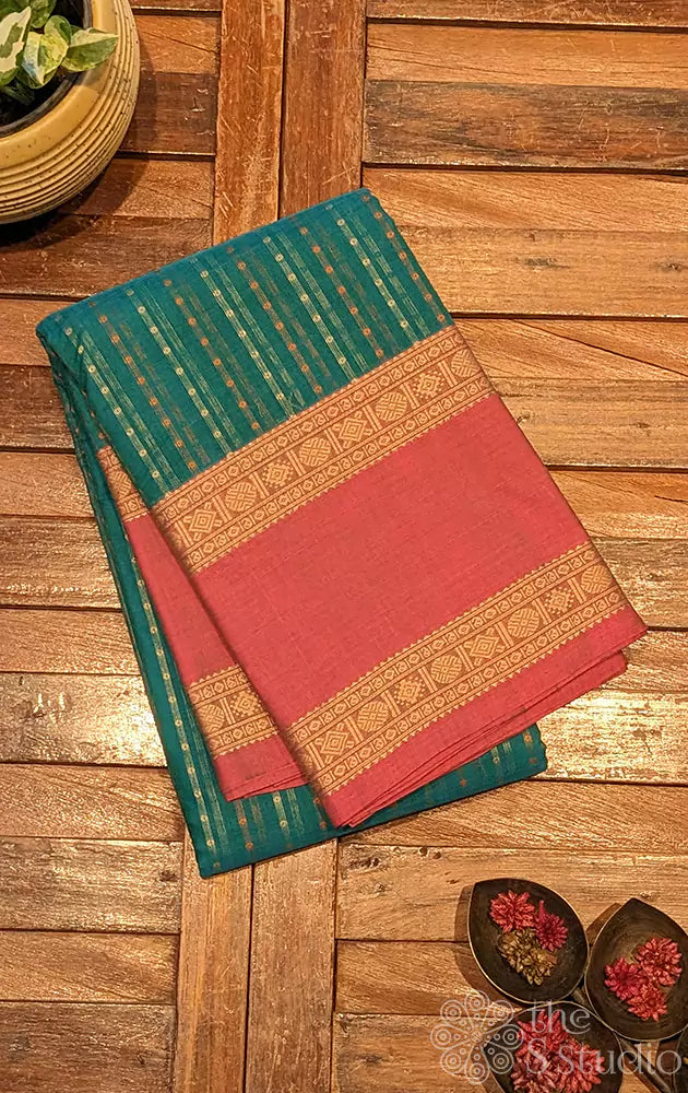Teal green handloom lakshadeepam kanchi cotton saree with pink rettaipet border

