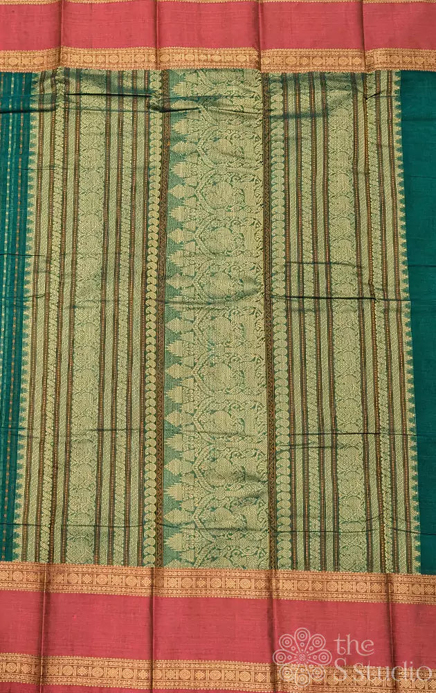Teal green handloom lakshadeepam kanchi cotton saree with pink rettaipet border