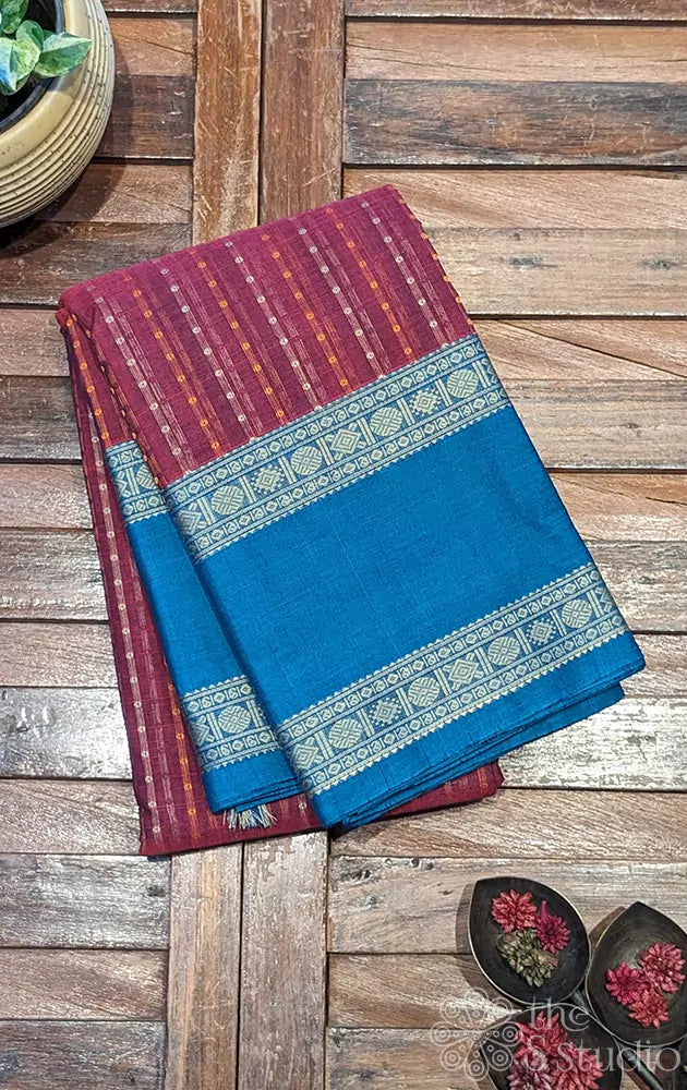 Magenta purple lakshadeepam kanchi cotton saree with teal blue rettaipet border