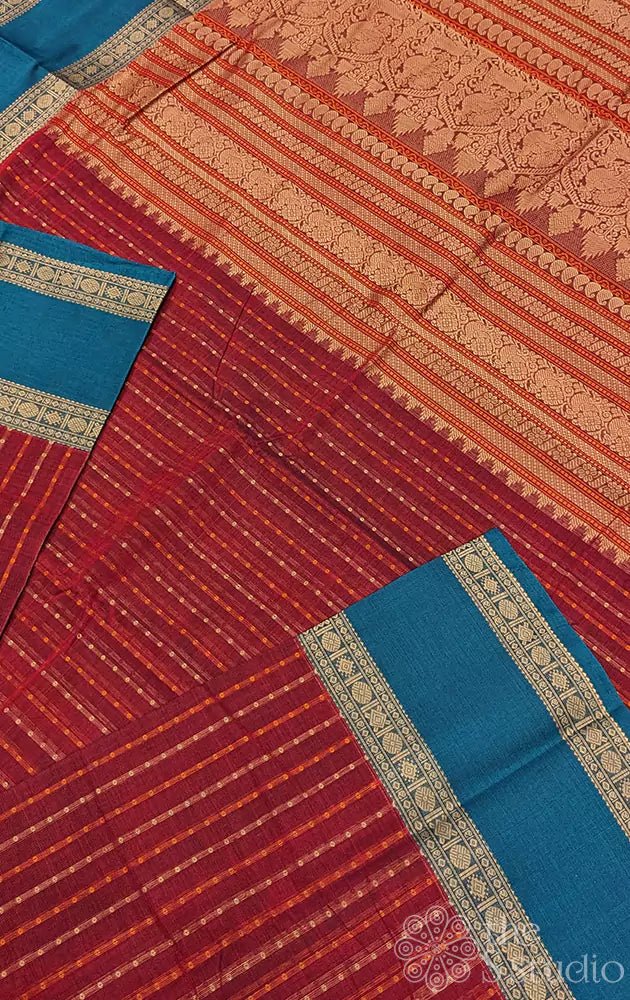 Magenta purple lakshadeepam kanchi cotton saree with teal blue rettaipet border