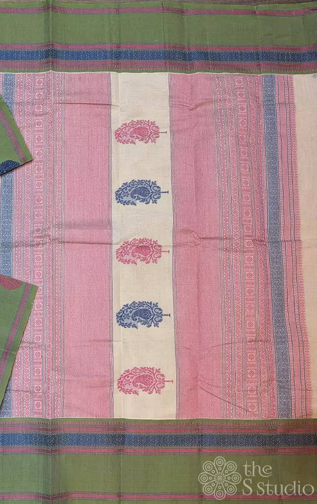 Off-white handloom Kanchi cotton saree with intricate threadwork
