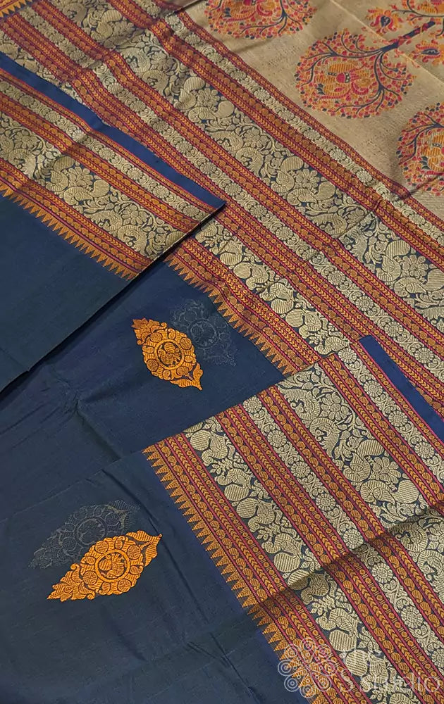 Peacock blue handloom threadwork kanchi cotton saree with long border