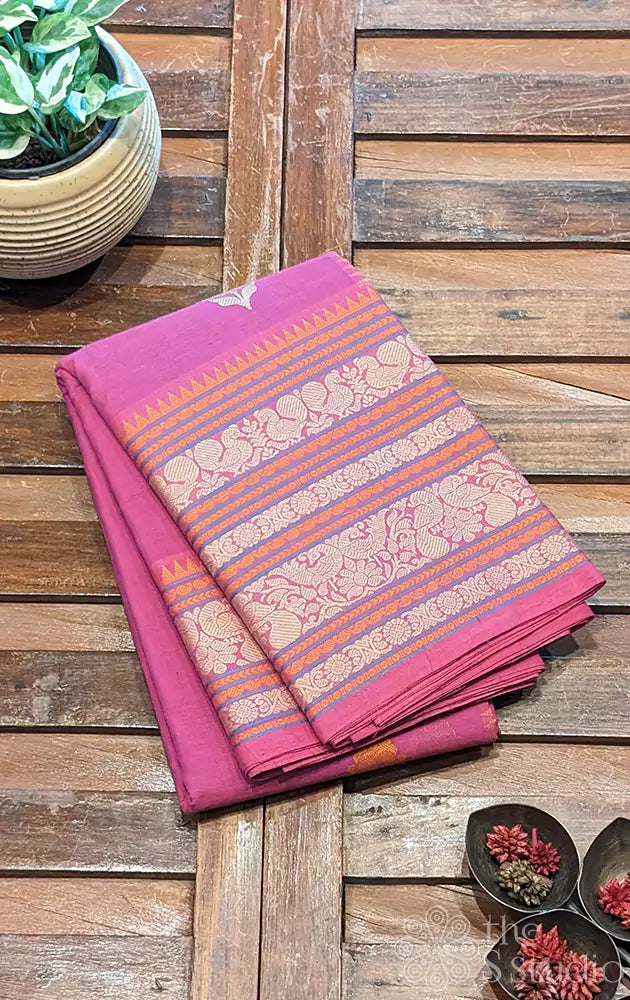 Deep magenta handloom threadwork kanchi cotton saree with long border