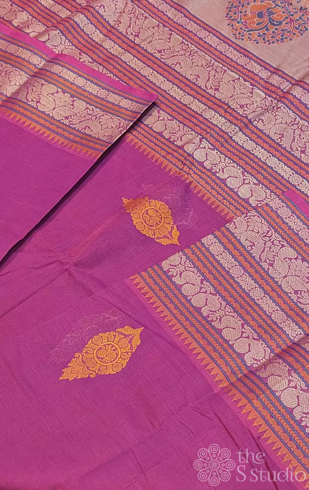 Deep magenta handloom threadwork kanchi cotton saree with long border