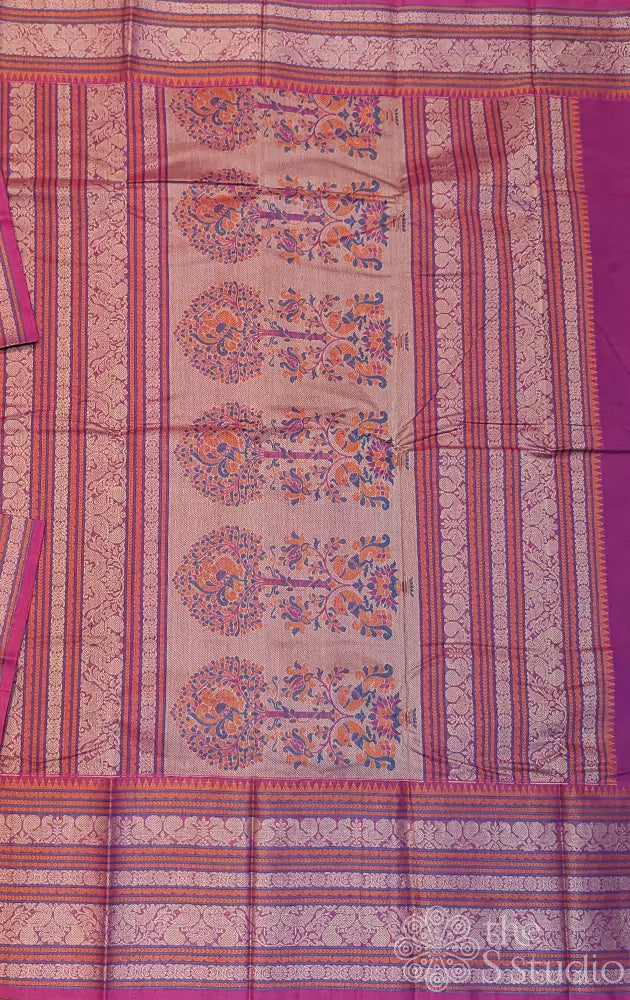 Magenta handloom threadwork kanchi cotton saree with long border