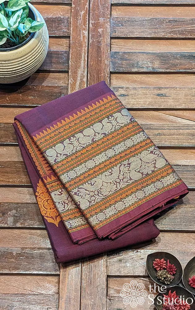 Magenta purple handloom threadwoven kanchi cotton saree with long border