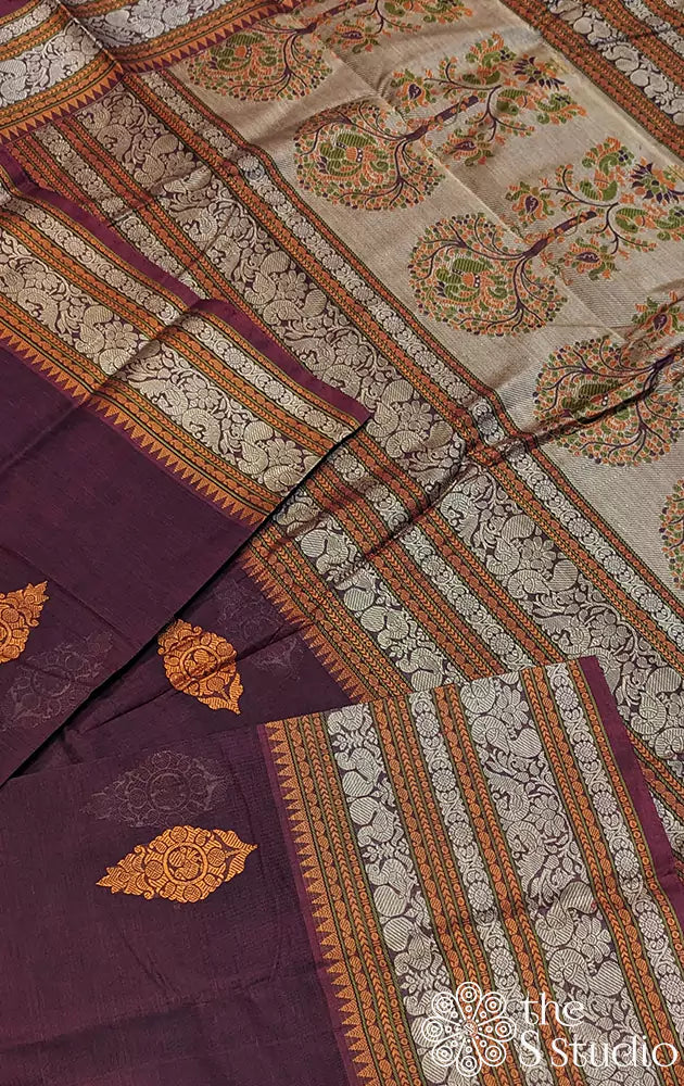 Magenta purple handloom threadwoven kanchi cotton saree with long border