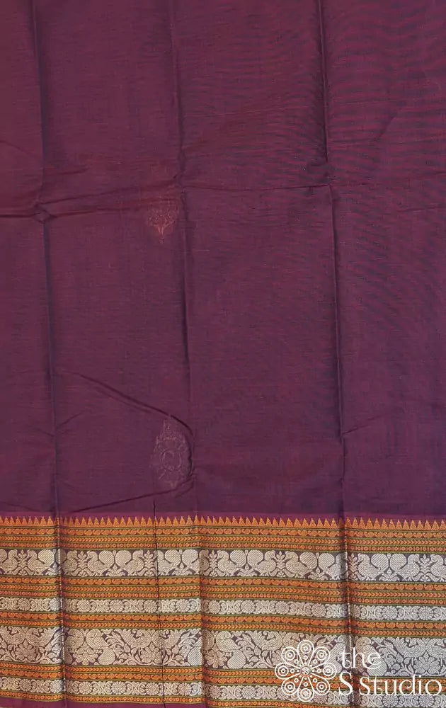 Dark purple handloom threadwoven kanchi cotton saree with long border