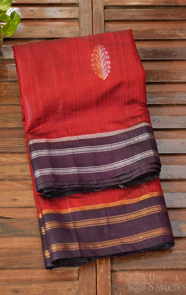 Maroon raw silk saree with dark brown colour border
