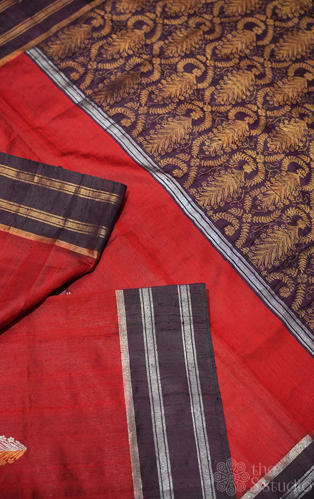 Maroon raw silk saree with dark brown colour border