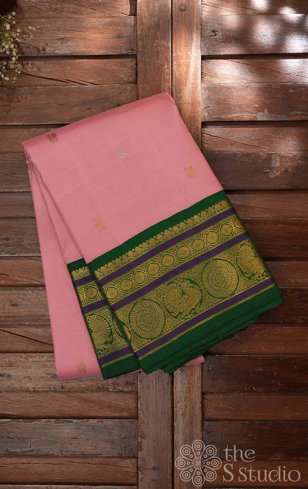 Lotus pink kanchi silk saree with korvai green border